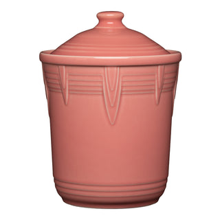 The Retired Fiesta 2 Quart Medium Chevron Canister by Fiesta in peony features a glossy finish, embossed geometric patterns, and an airtight lid—ideal for vibrant kitchen storage and keeping food fresh.