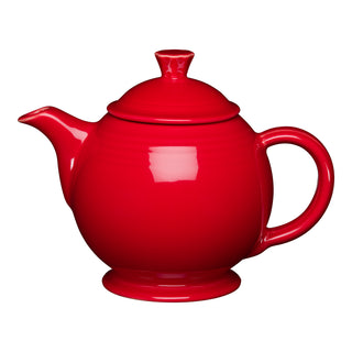 The Retired Fiesta 44 OZ Covered Teapot by Fiesta is shown in scarlet on a white background. Made of lead-safe china, it features a curved handle, short spout, fitted lid, and is dishwasher safe for easy cleaning.