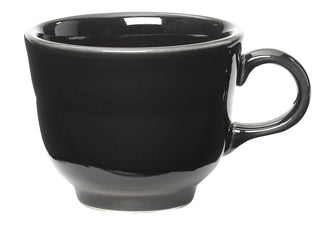 The Fiesta Retired Classic 7 3/4 OZ Tea Cup is a glossy black ceramic cup with a handle, made in the USA, shown against a white background.