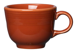 A glossy paprika Fiesta Retired Classic 7 3/4 OZ Tea Cup with a round body and sturdy handle, made in the USA, is shown on a white background.