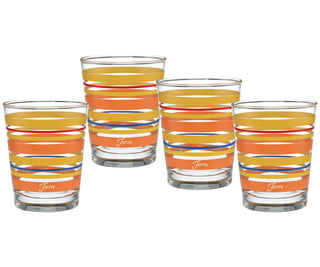 Set of 4 Retired 15 oz. Fiesta® Sienna Sunset Stripes Tapered Double Old Fashion glasses by Moderne Glass, featuring colorful orange, yellow, red, and blue stripes. Identical glasses made in the USA shown on a white background.