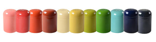 A row of eleven hand-finished salt and pepper shakers, featuring the Retired Fiesta Cheese Shaker by Fiesta, arranged in a pink-to-dark-blue gradient against a white background.
