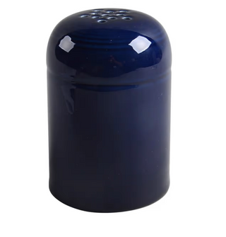 The Retired Fiesta Cheese Shaker by Fiesta, in glossy cobalt, features a rounded top with several holes and a chip-resistant finish, ideal for dispensing cheese, spices, salt or pepper.