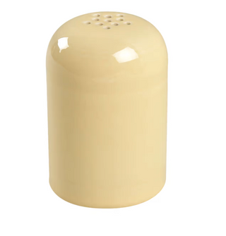 The Retired Fiesta Cheese Shaker by Fiesta features an ivory ceramic design with a rounded top and small holes. Hand-finished for quality and chip resistant, it is shown against a white background.