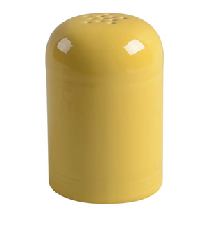 The Retired Fiesta Cheese Shaker by Fiesta, in Sunflower yellow, features small holes on top for spices and is chip resistant; hand-finished and displayed against a plain white background.