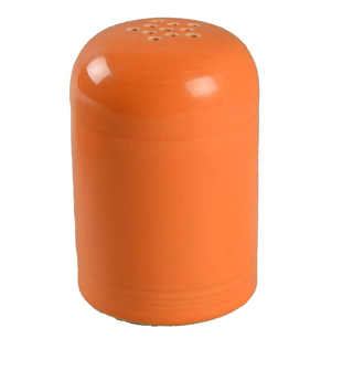 A Retired Fiesta Cheese Shaker by Fiesta, crafted from orange ceramic with small top holes, is hand-finished, chip resistant, and displayed against a white background.