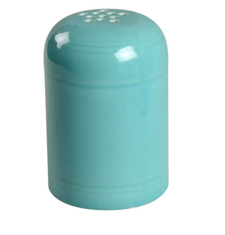 The Retired Fiesta Cheese Shaker by Fiesta features a smooth, glossy, chip-resistant turquoise finish and multiple holes on top, displayed against a white background.
